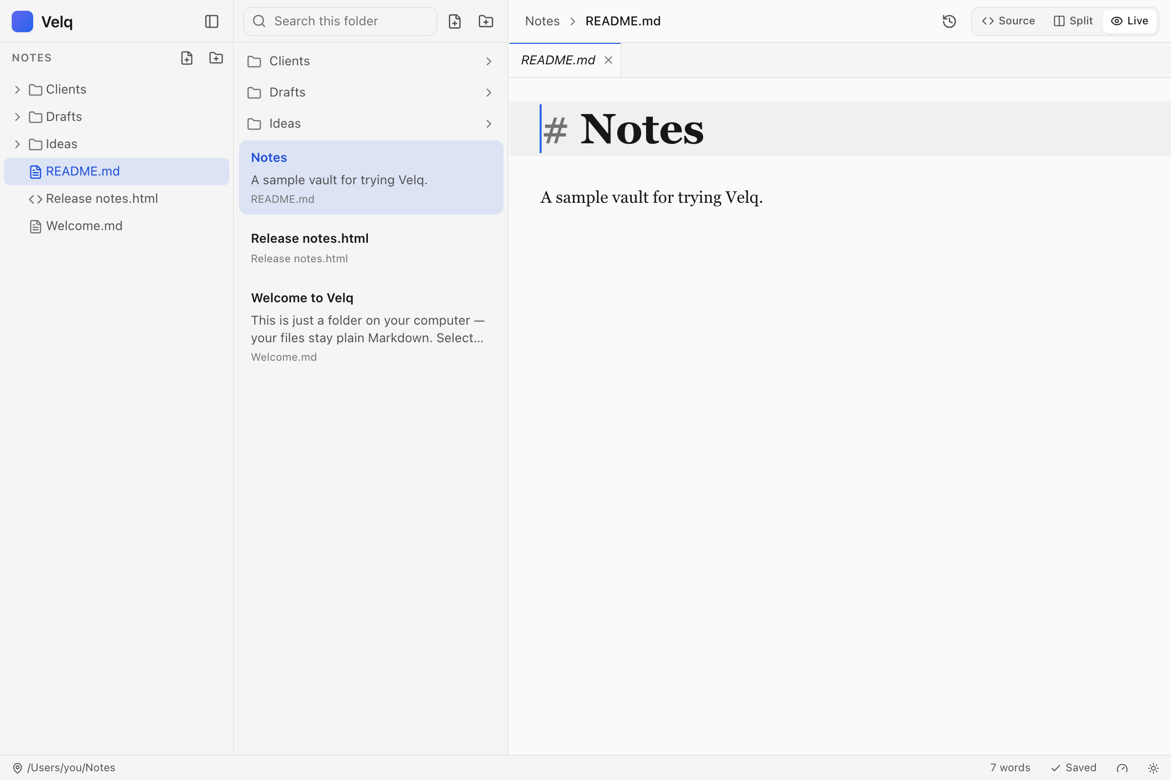 The Velq editor: file tree, document list and live preview
